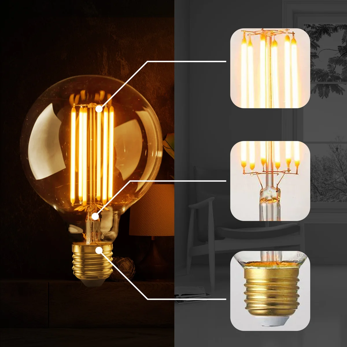 Vintage LED bulb G125 with amber glass, tungsten filament, E27 screw base, glowing warm 2700K light