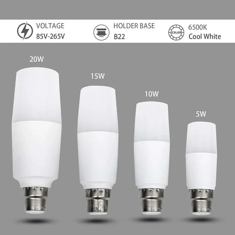 Three B22 cool white LED bulbs in slim T37 stick shape with bayonet bases shown on a white background