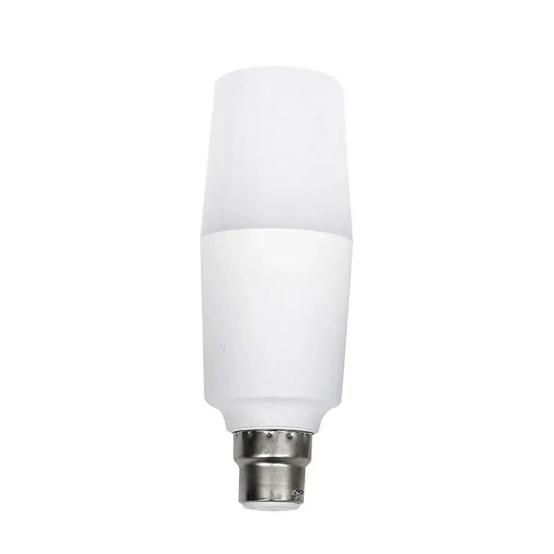 Three B22 LED stick bulbs in different wattages 10W, 15W, and 20W with cool white light on a white background
