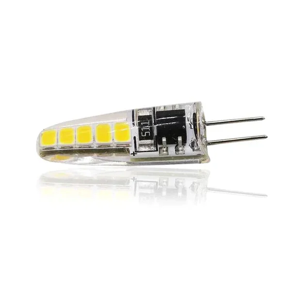 Compact 2W LED bulb with G4 base, cool white light, silicone cover, and two pins for indoor cabinet or accent lighting