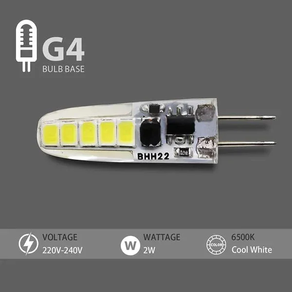 Compact G4 2W cool white cabinet lighting bulb with silicone cover and two-pin base for indoor use, non-dimmable, energy-saving