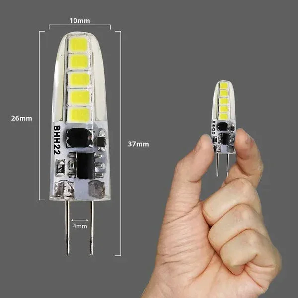 Compact G4 LED bulb with cone shape, silicone cover, and two-pin base for energy-saving cool white lighting