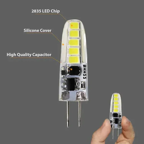 G4 LED bulb showing compact cone shape with two pins and cool white light, ideal for cabinet and accent lighting