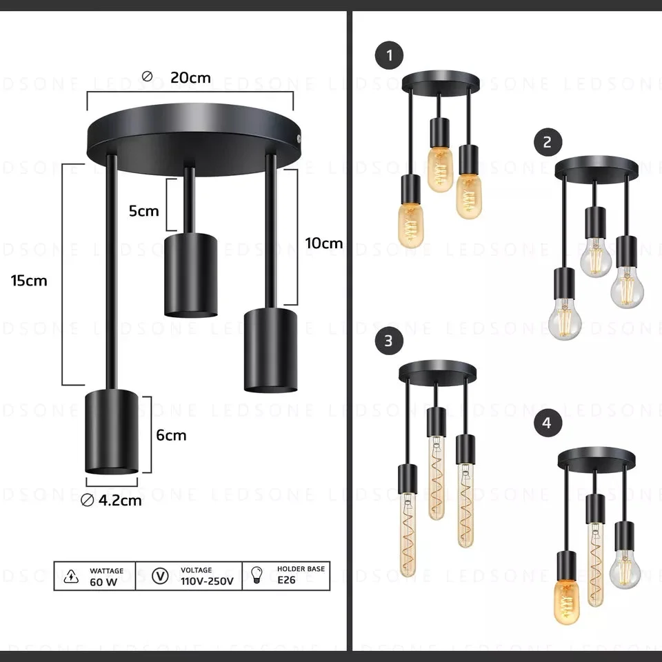 Black modern 3 way ceiling light with three E27 bulb sockets and round metal flush mount base