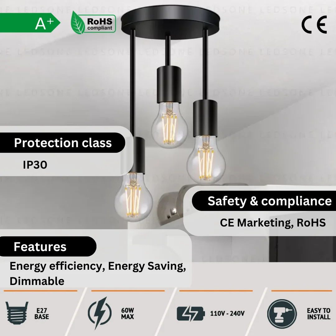 Modern black metal ceiling pendant with three E27 bulb holders and round flush mount base on white background