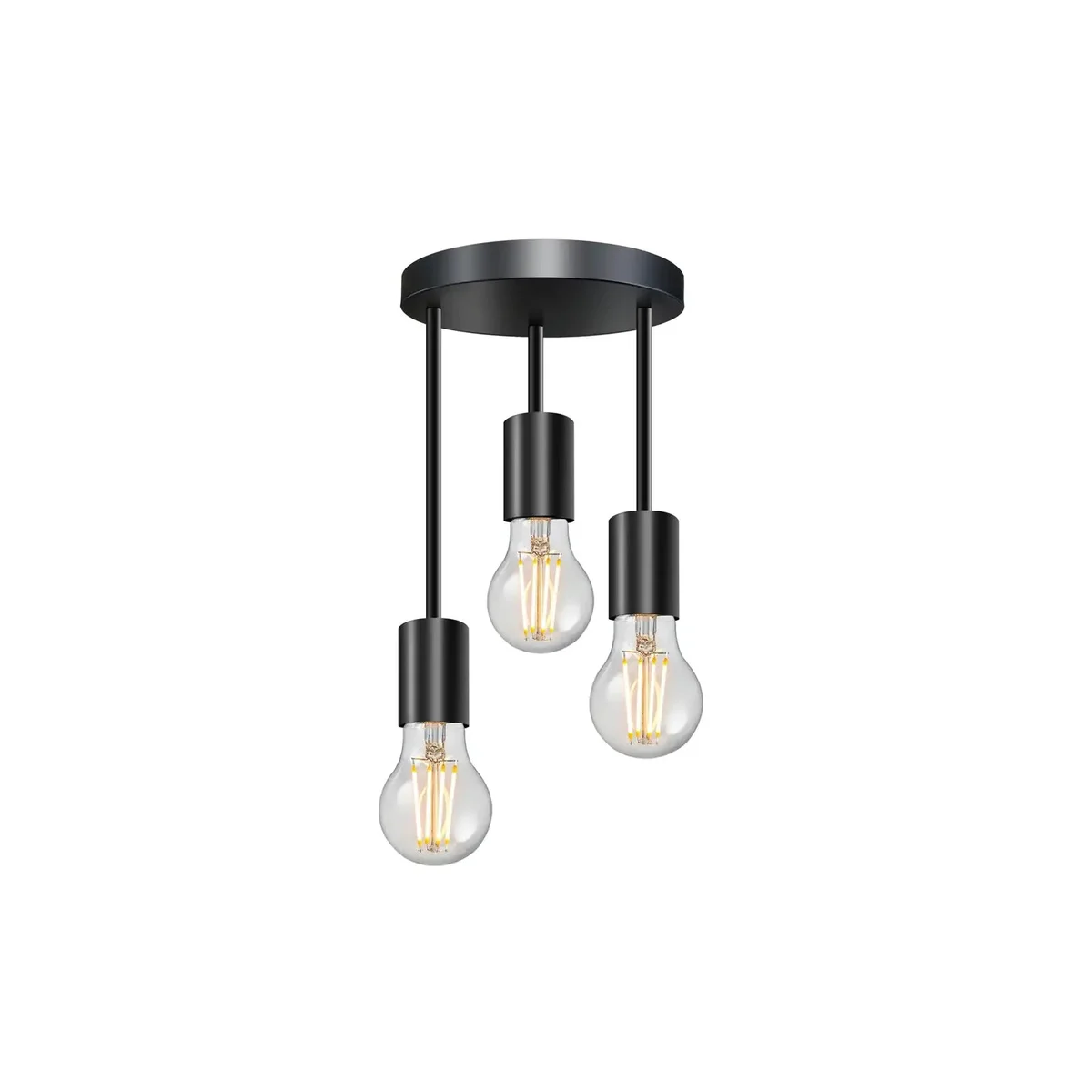 Black metal modern ceiling light with three E27 bulb sockets and round flush mount base, sleek industrial design