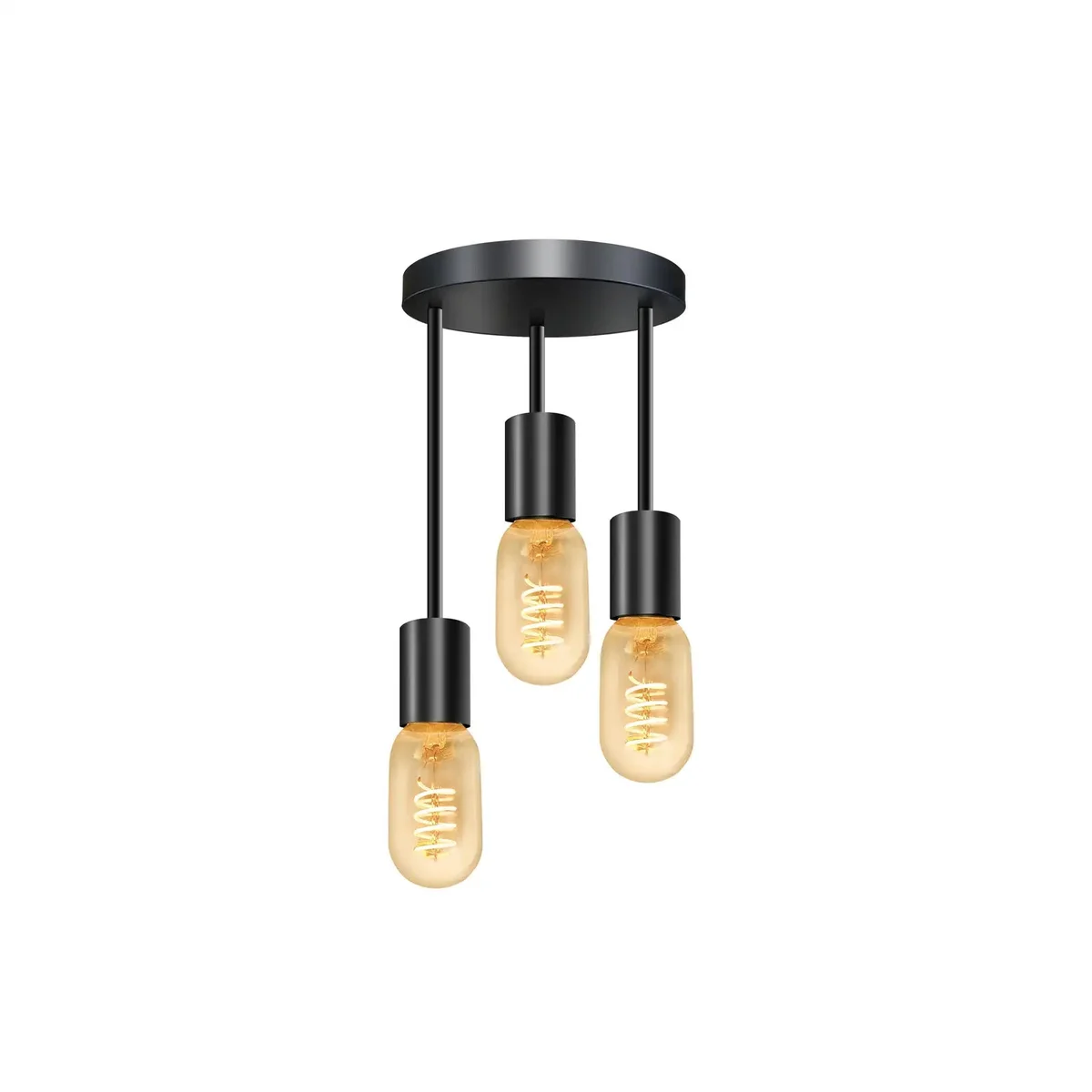 Black modern ceiling light with three E27 sockets, sleek metal design and round flush mount base for indoor use