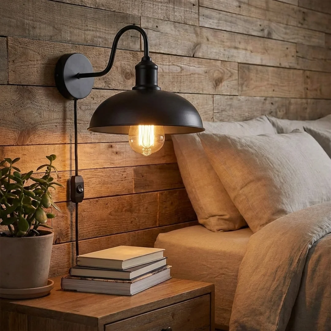 Black dome-shaped industrial wall sconce light with metal finish and curved design for indoor wall mounting