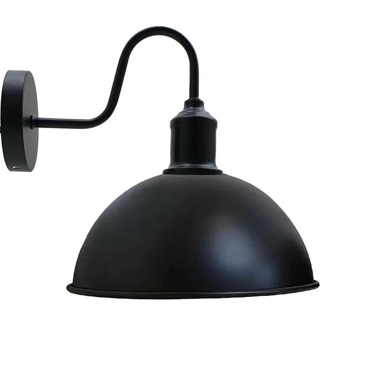 Black dome shaped metal wall light with curved shade and swan neck arm, suitable for indoor wall mounting