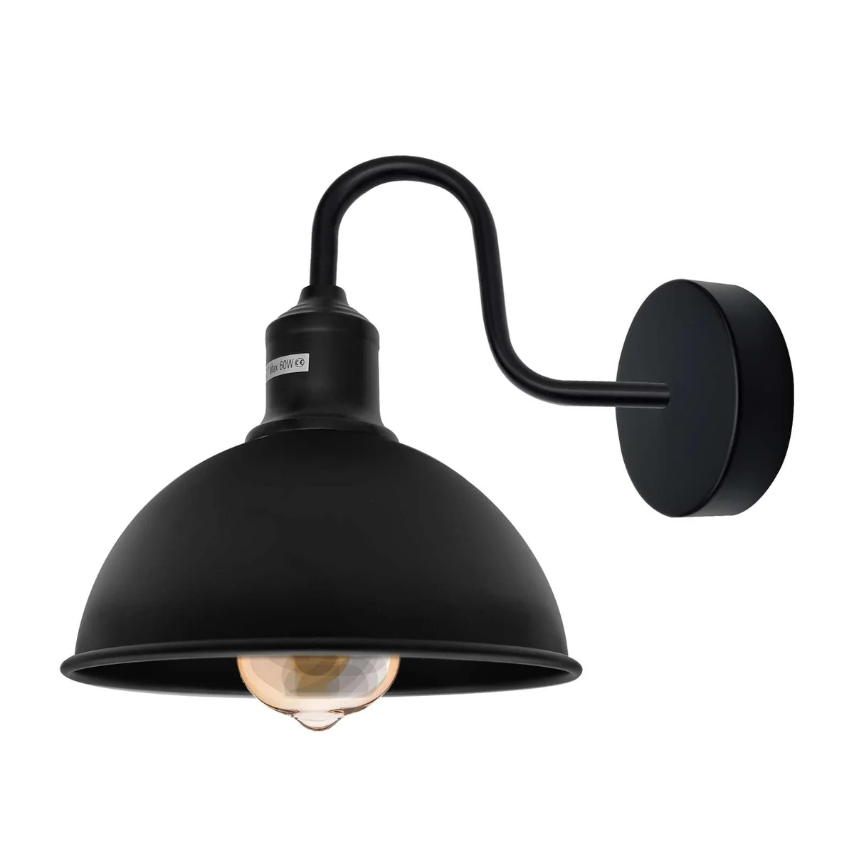 Black dome metal dimmable wall lamp with curved shade and swan neck arm, ideal for indoor industrial style lighting