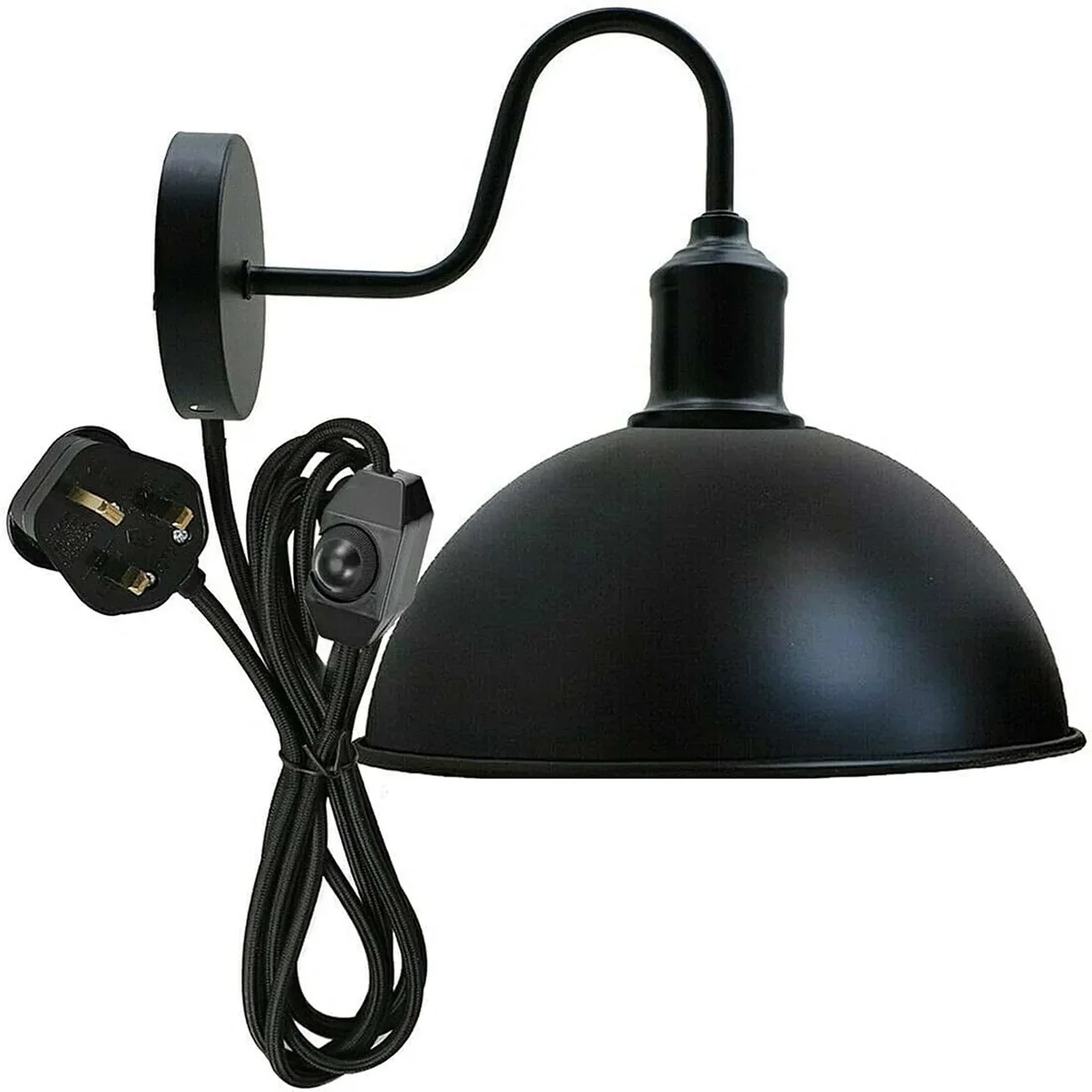 Black dome metal wall sconce with curved shade and swan neck, compatible with E27 bulb wall light, industrial style