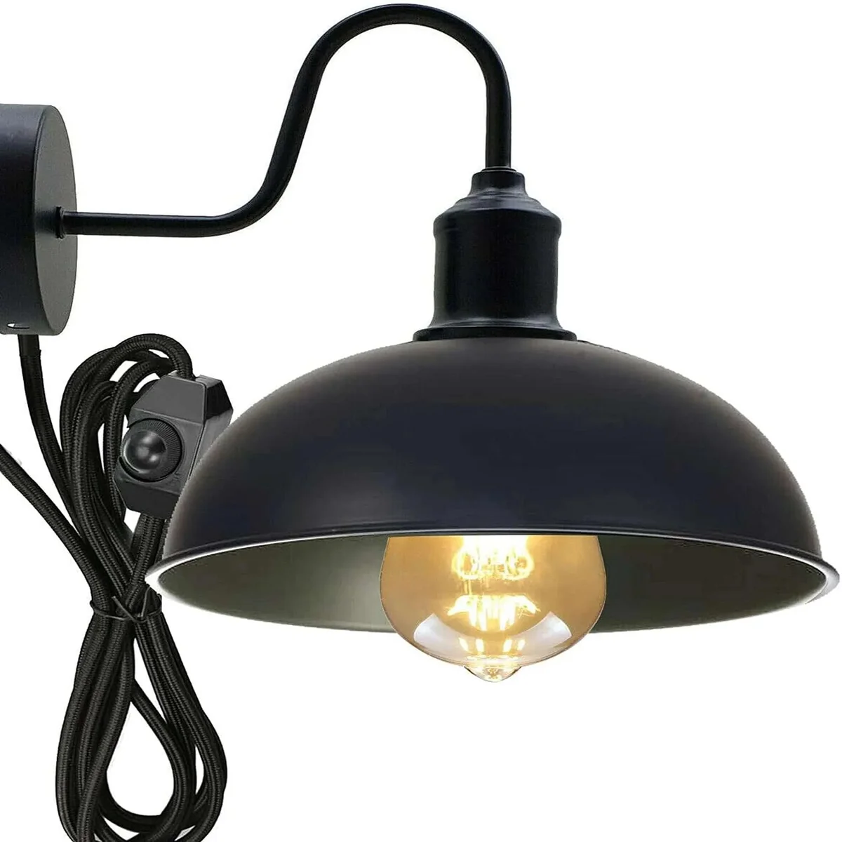 Black metal indoor dome wall light with curved shade and swan neck arm, ideal for dimmable E27 bulbs, industrial style.