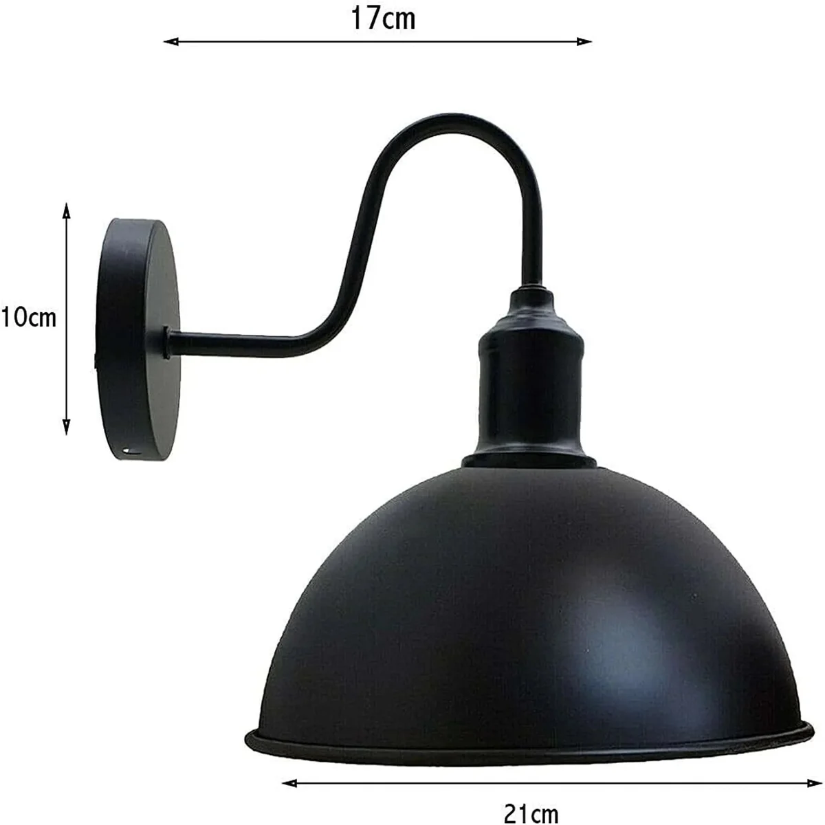 Black dome industrial wall sconce with curved metal shade and swan neck arm mounted on white wall indoors