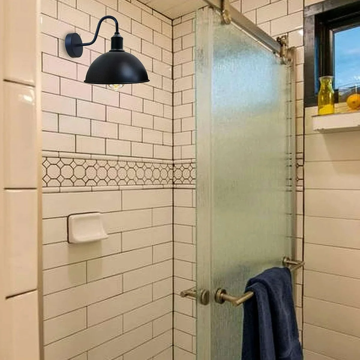 Black dome industrial wall sconce metal lamp with curved shade and swan neck arm, dimmable, wall-mounted light fixture