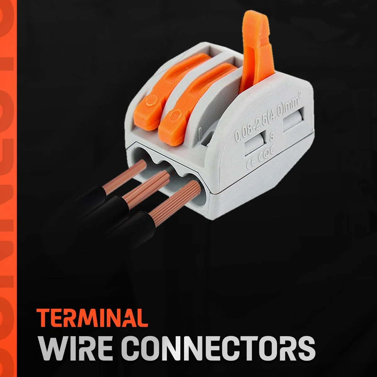 Clear and orange 2, 3, and 5 way spring lever wire connectors with compact design and visible levers on white background