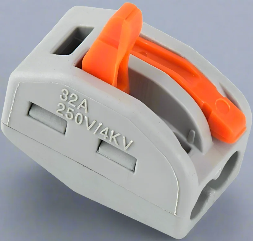 Clear and orange 2, 3, and 5 way reusable terminal blocks with spring lever wire connectors on white background