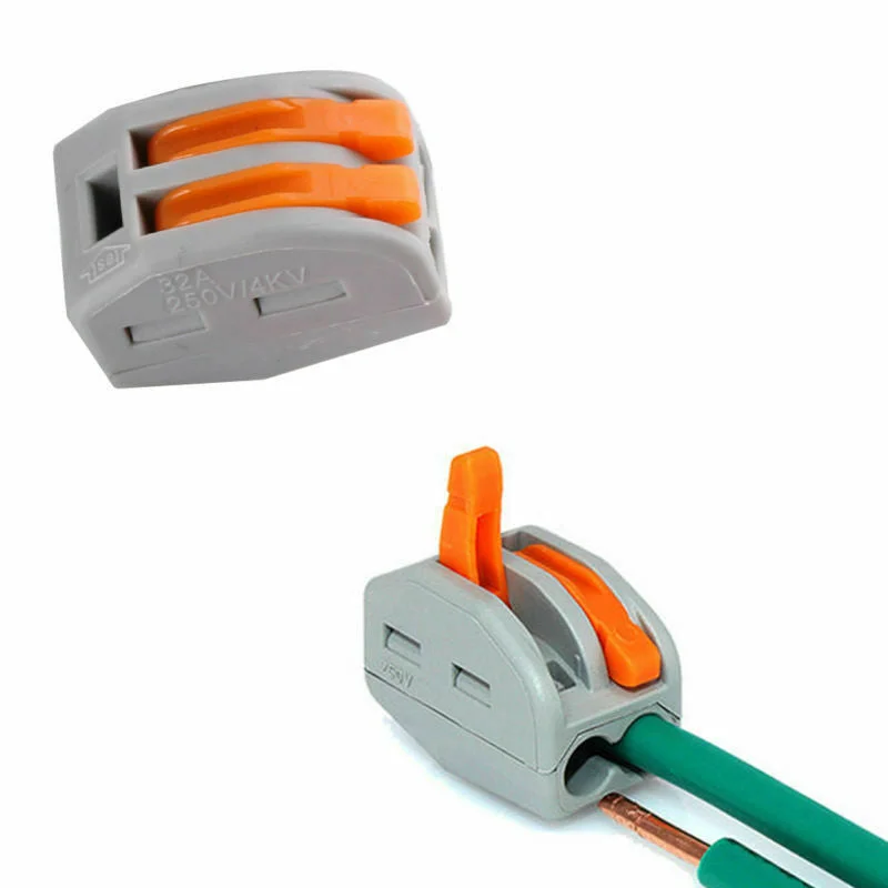 Clear and orange 3 way wire connectors with spring levers, compact reusable terminal block for secure wiring connections
