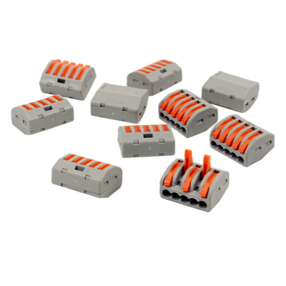 Set of orange and clear compact wire connectors with 2, 3, and 5 spring lever terminals on white background