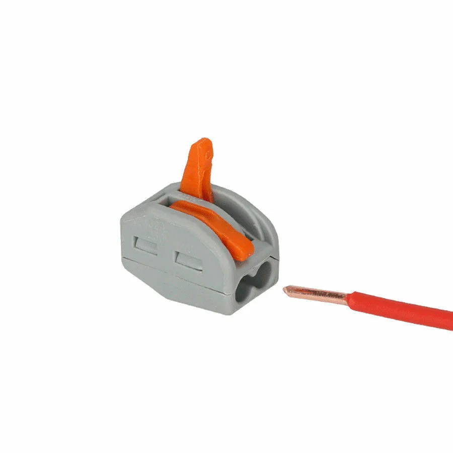 Set of clear and orange 2, 3, and 5 way spring lever wire connectors with visible levers and compact design