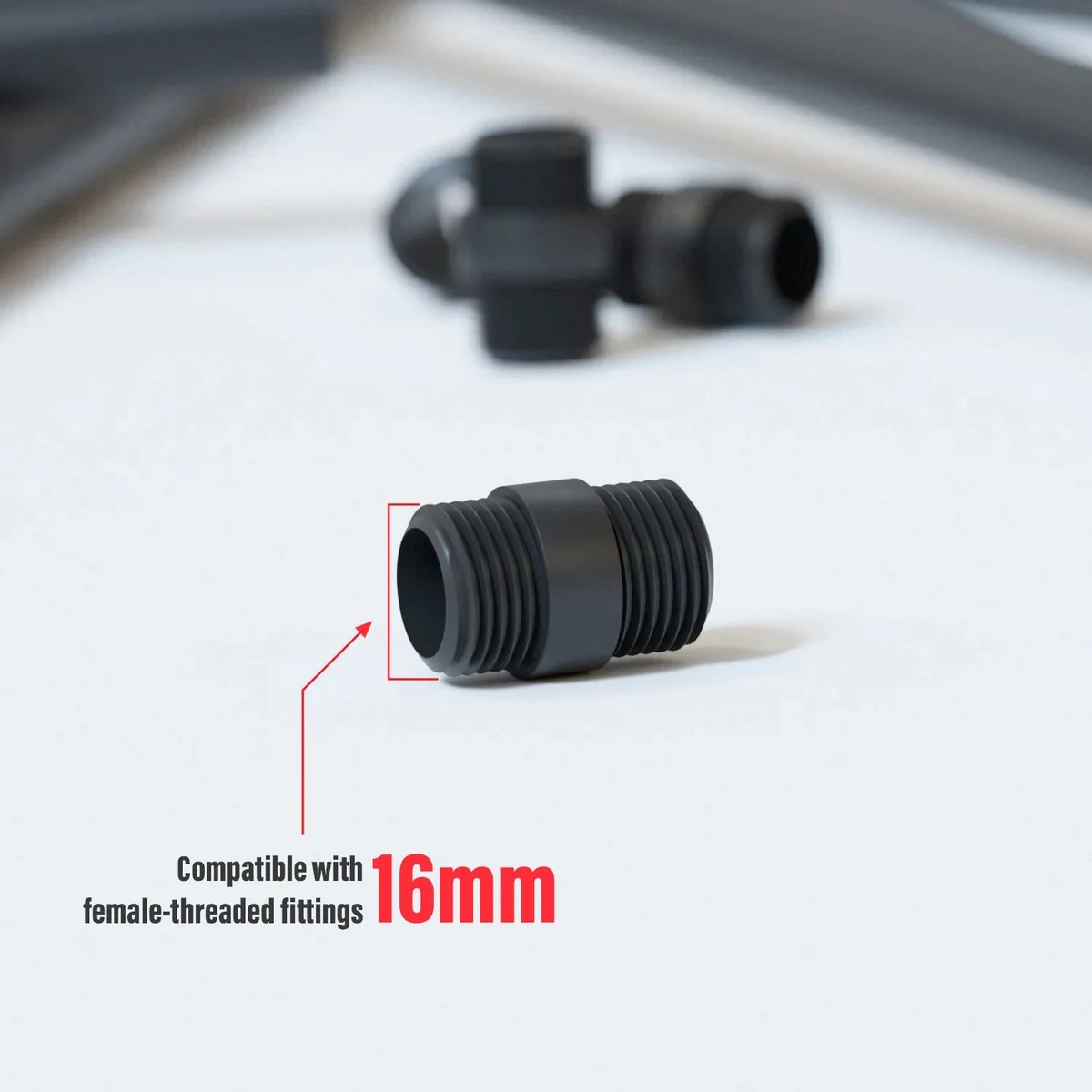 Black steel conduit connector with 16mm male threaded end for secure pipe and fitting connections