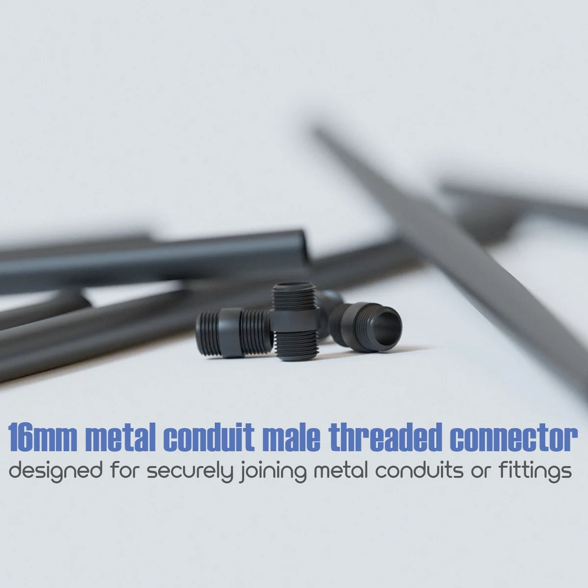 Black steel 16mm threaded connector with male screw thread for conduit pipe, compact and corrosion-resistant design