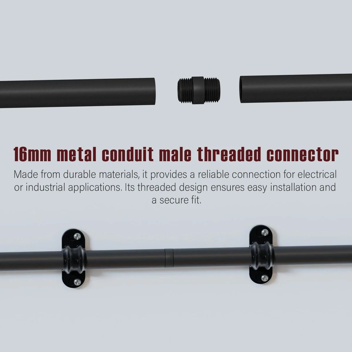 Black steel 16mm threaded male nipple conduit pipe fitting with screw thread for secure industrial connections