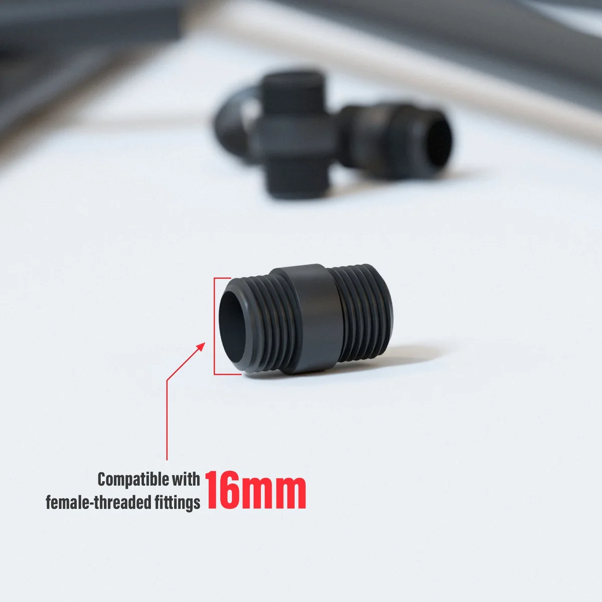 Black steel nipple with 16mm male threaded connector for conduit pipe, showing detailed screw threads and compact design