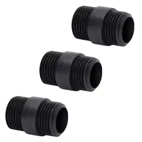 Black steel conduit connector with 16mm male threaded end for secure pipe and fitting connections in industrial use