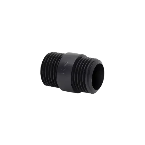 Black steel conduit connector with 16mm male threaded nipple for secure conduit pipe connections, industrial use.