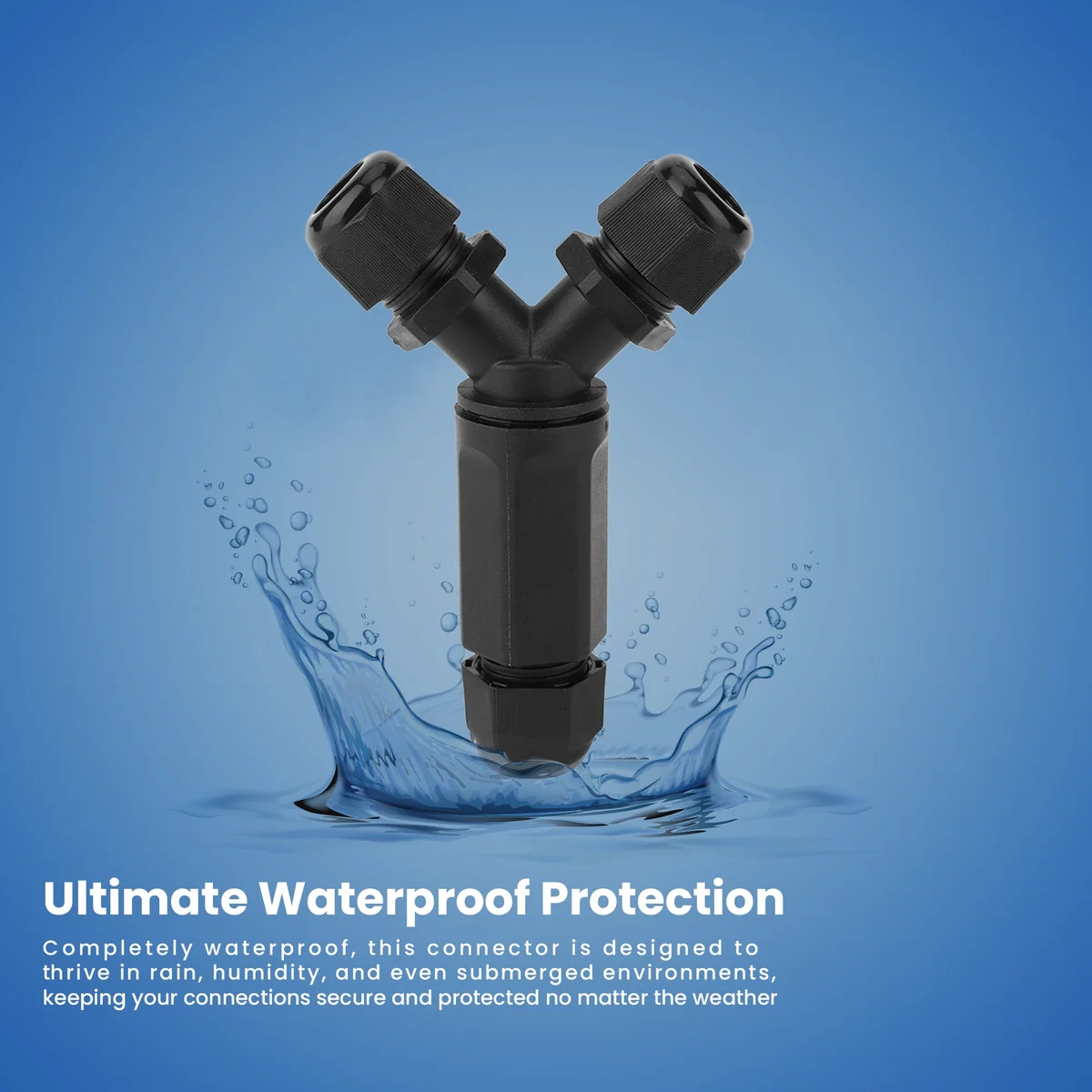 Black Y-shaped waterproof cable splitter with three cable glands, designed for outdoor electrical connections, IP68 rated