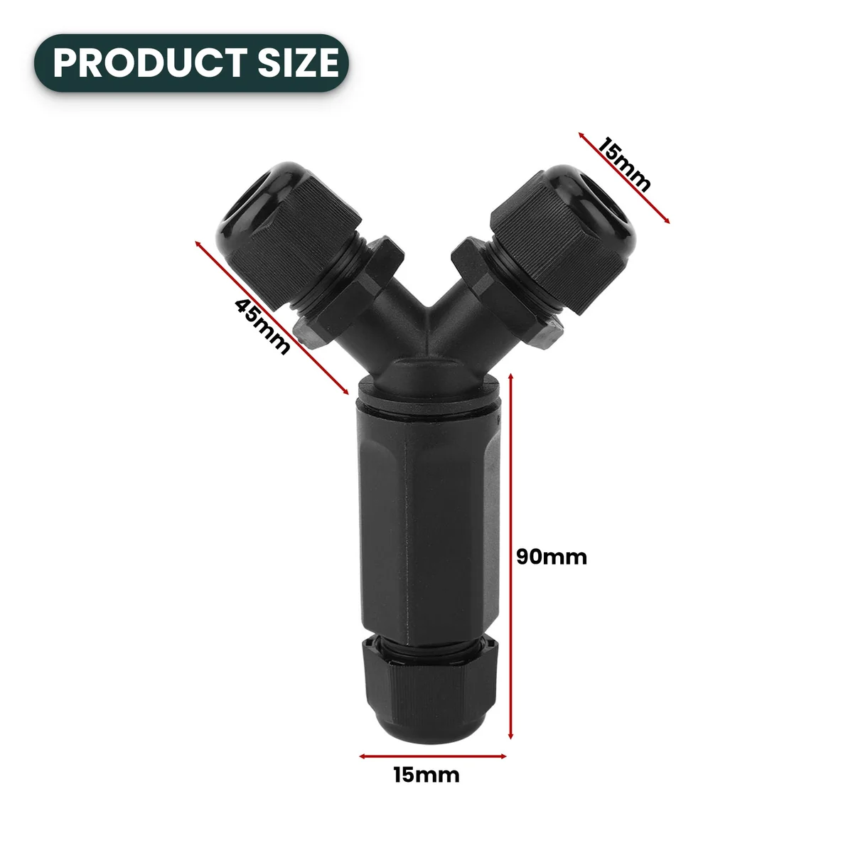 Black Y-shaped IP68 waterproof connector with three cable ports, designed for outdoor electrical cable splitting and protection
