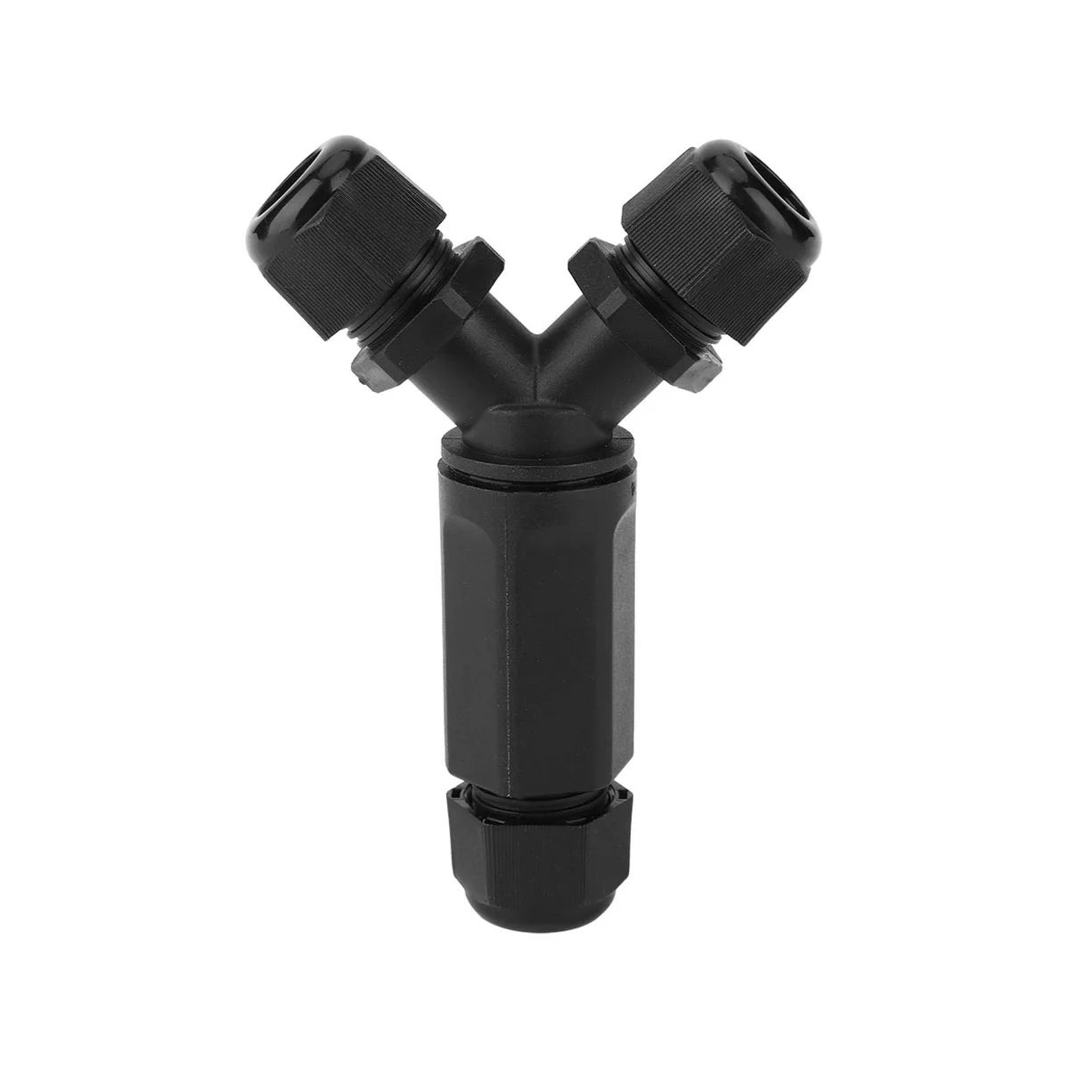 Black Y-shaped outdoor cable splitter with three waterproof cable glands, designed for safe outdoor electrical connections