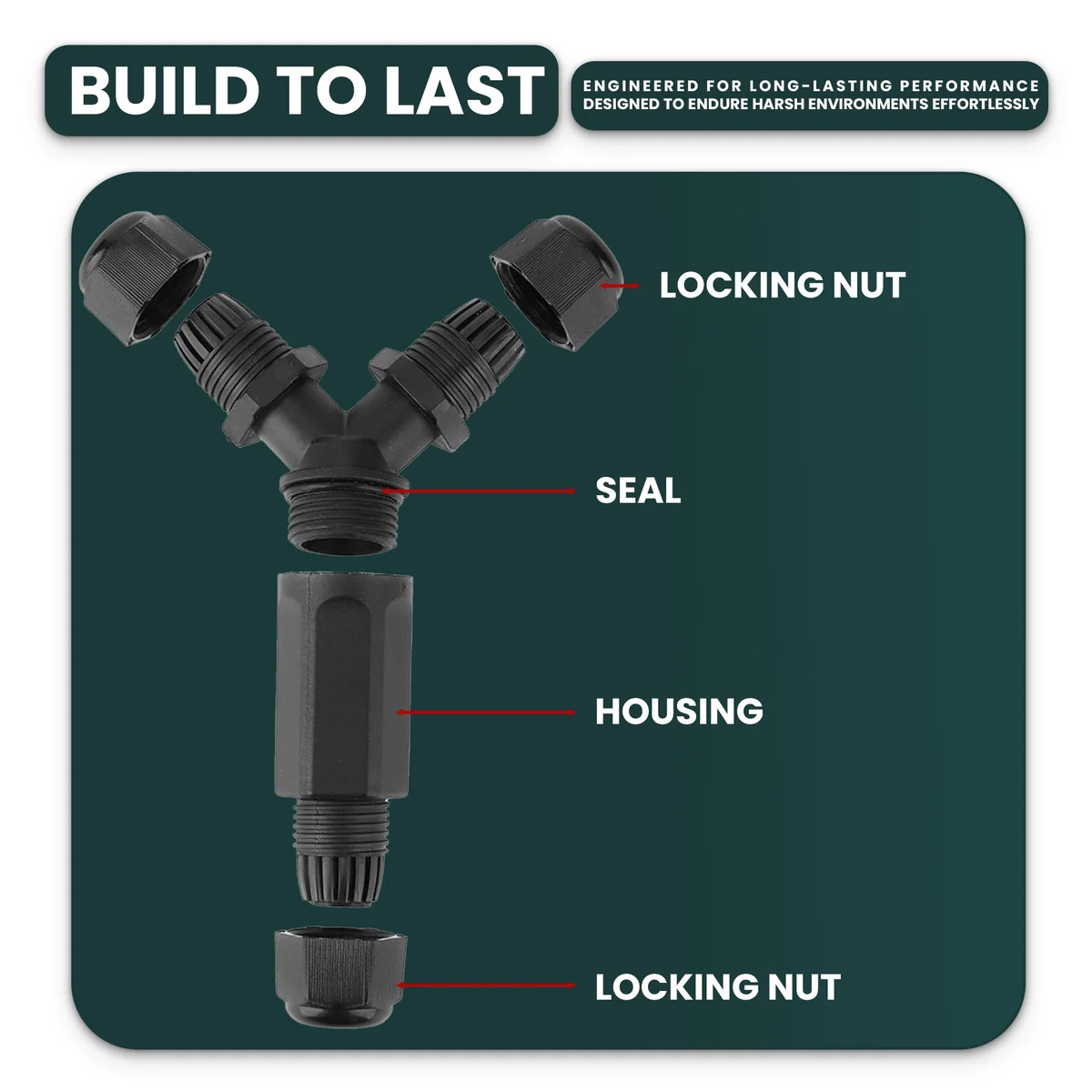 Black Y-shape cable connector with three IP68 waterproof ports for outdoor electrical cable splitting and extension