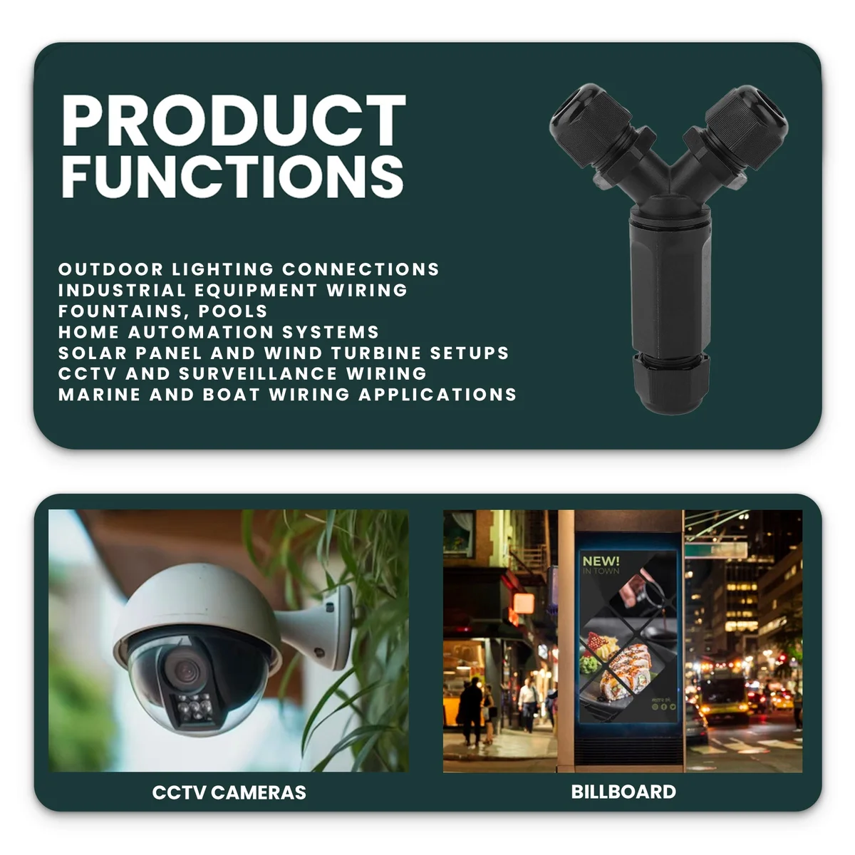 Y-shape IP68 waterproof junction box with 1 input and 2 output cable connectors for outdoor electrical wiring