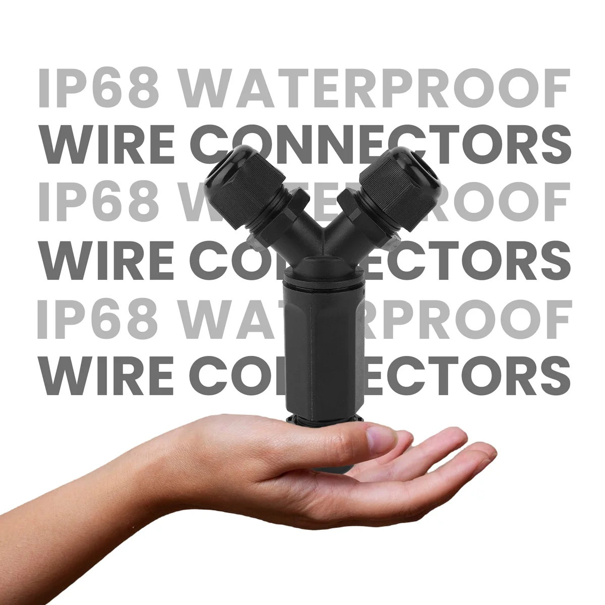 Y-shape waterproof cable splitter with three cable glands, IP68 rated, made of durable polycarbonate and PA66 materials