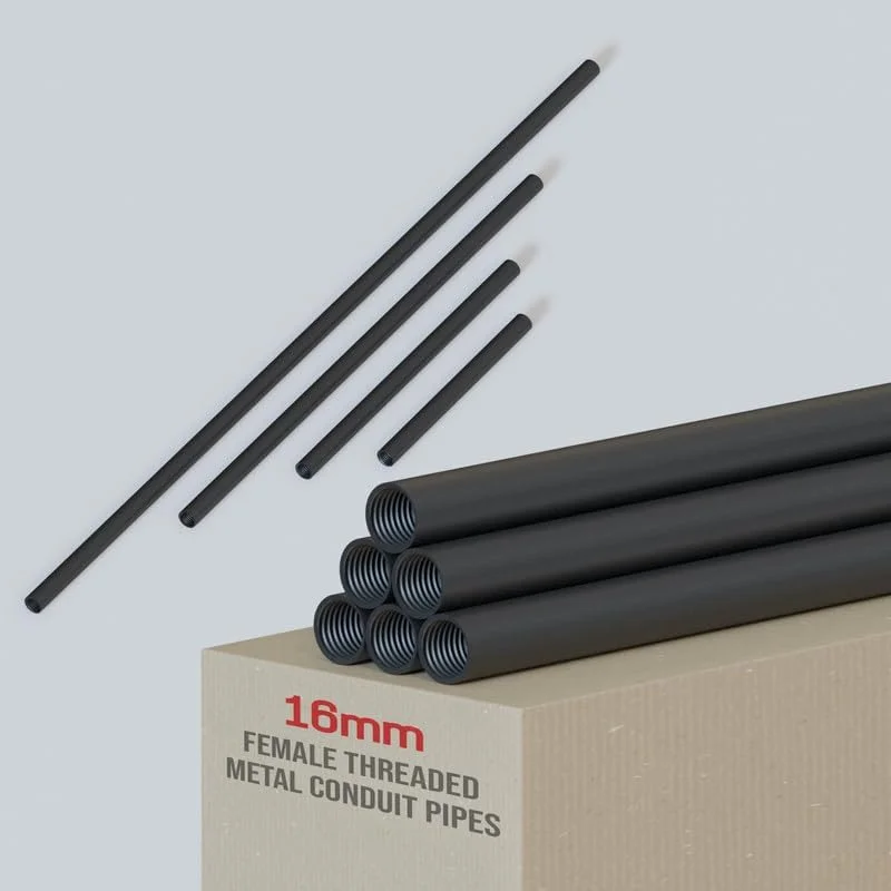 16mm conduit pipe fitting black seamless steel with female thread, shown against white background