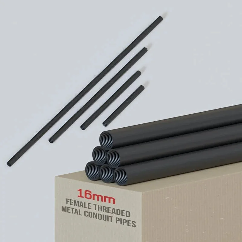 Black 16mm conduit pipe fitting with female screw threads, seamless steel, shown on white background isolated