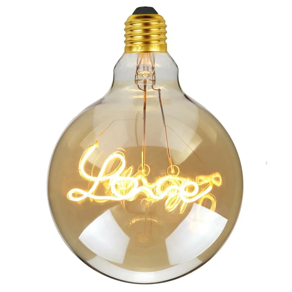 E27 LED light bulb with amber glass globe and vintage curly filament glowing warm white light