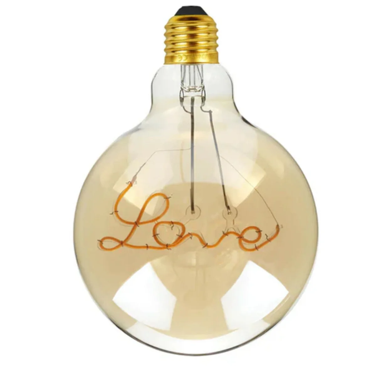 Vintage filament bulb with amber glass globe and warm white curly LED filaments, E27 base, glowing softly