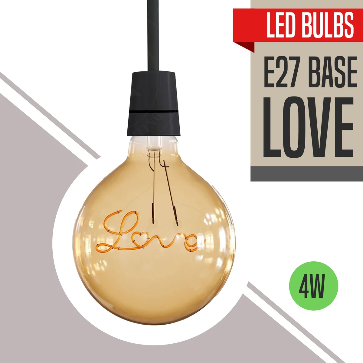 G125 amber glass globe 4W LED light bulb with curly filament glowing warm white light on white background