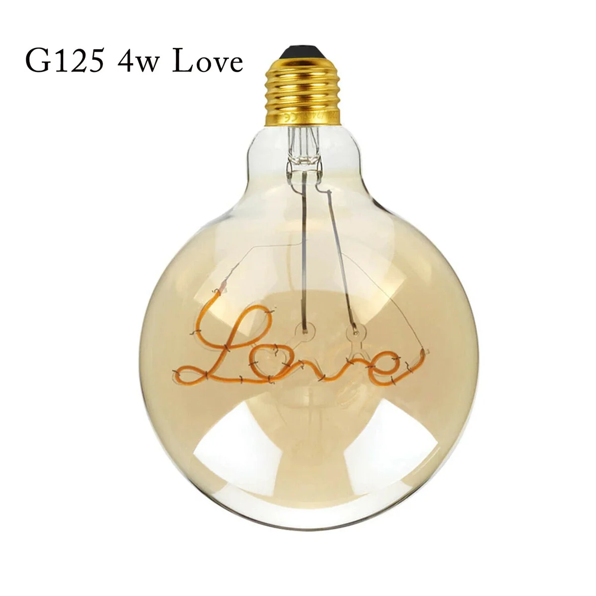 E27 LED light bulb with amber glass globe and warm white curly filament glowing softly against dark background