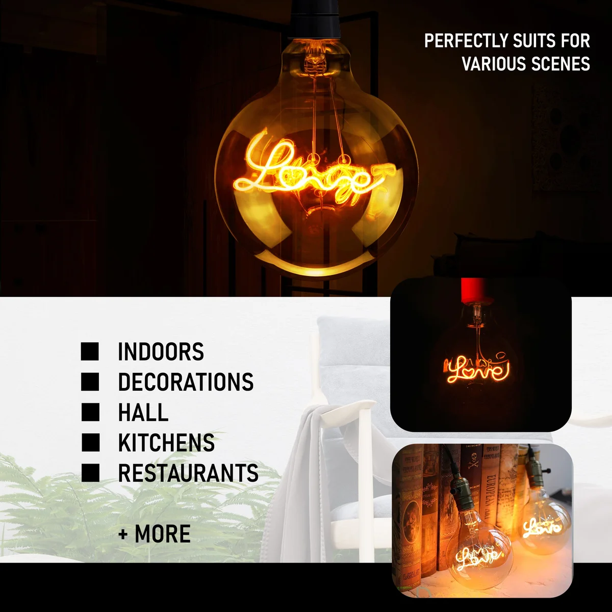 E27 LED light bulb G125 with amber glass globe and vintage curly filament glowing warm white light