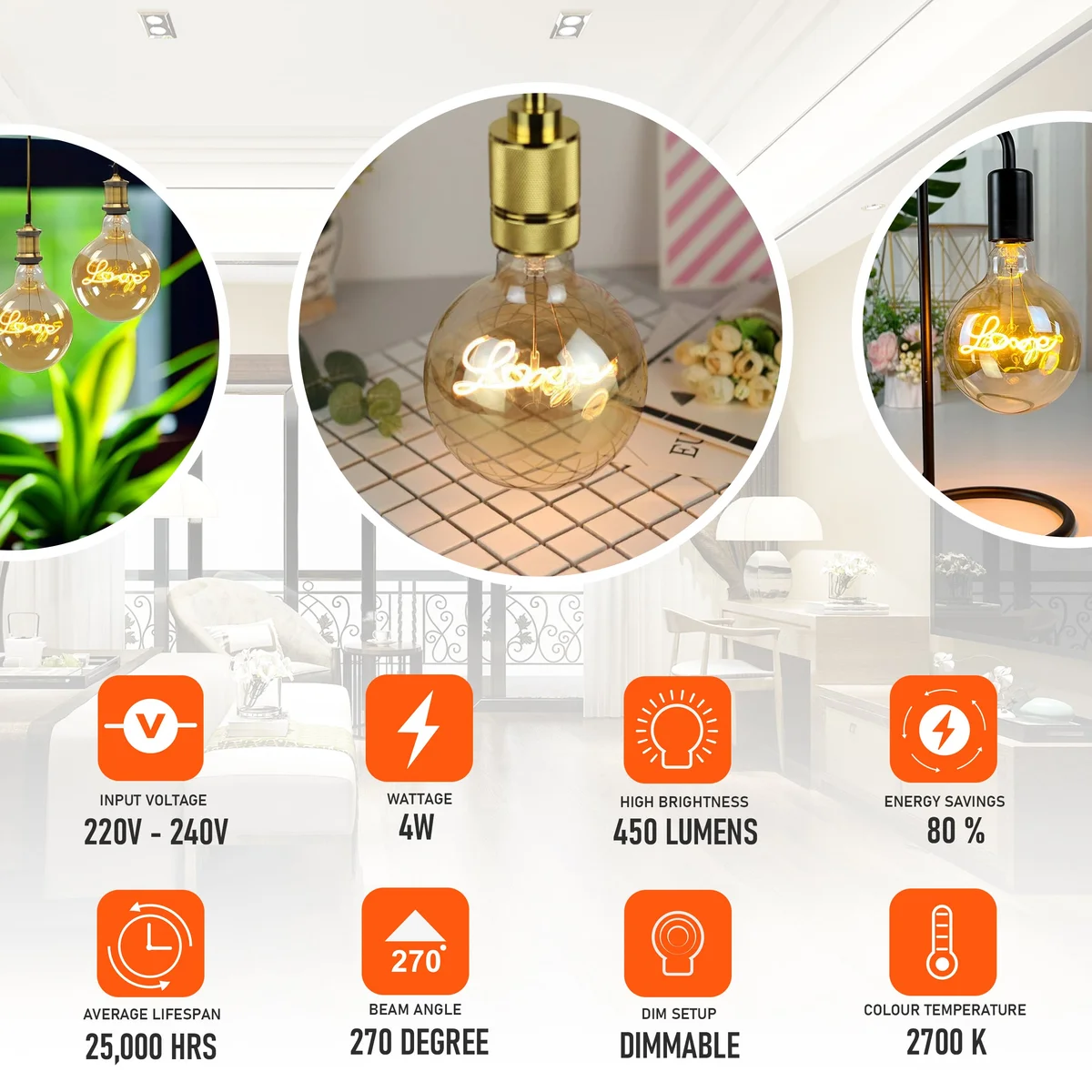 E27 LED light bulb G125 with amber glass globe and vintage curly filament glowing warm white light