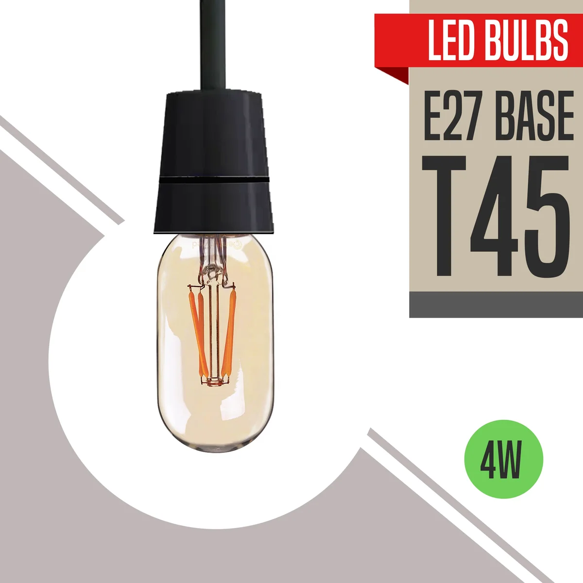 Dimmable LED filament bulb with amber glass, vintage T45 shape, E27 base, glowing warm white 2700K light