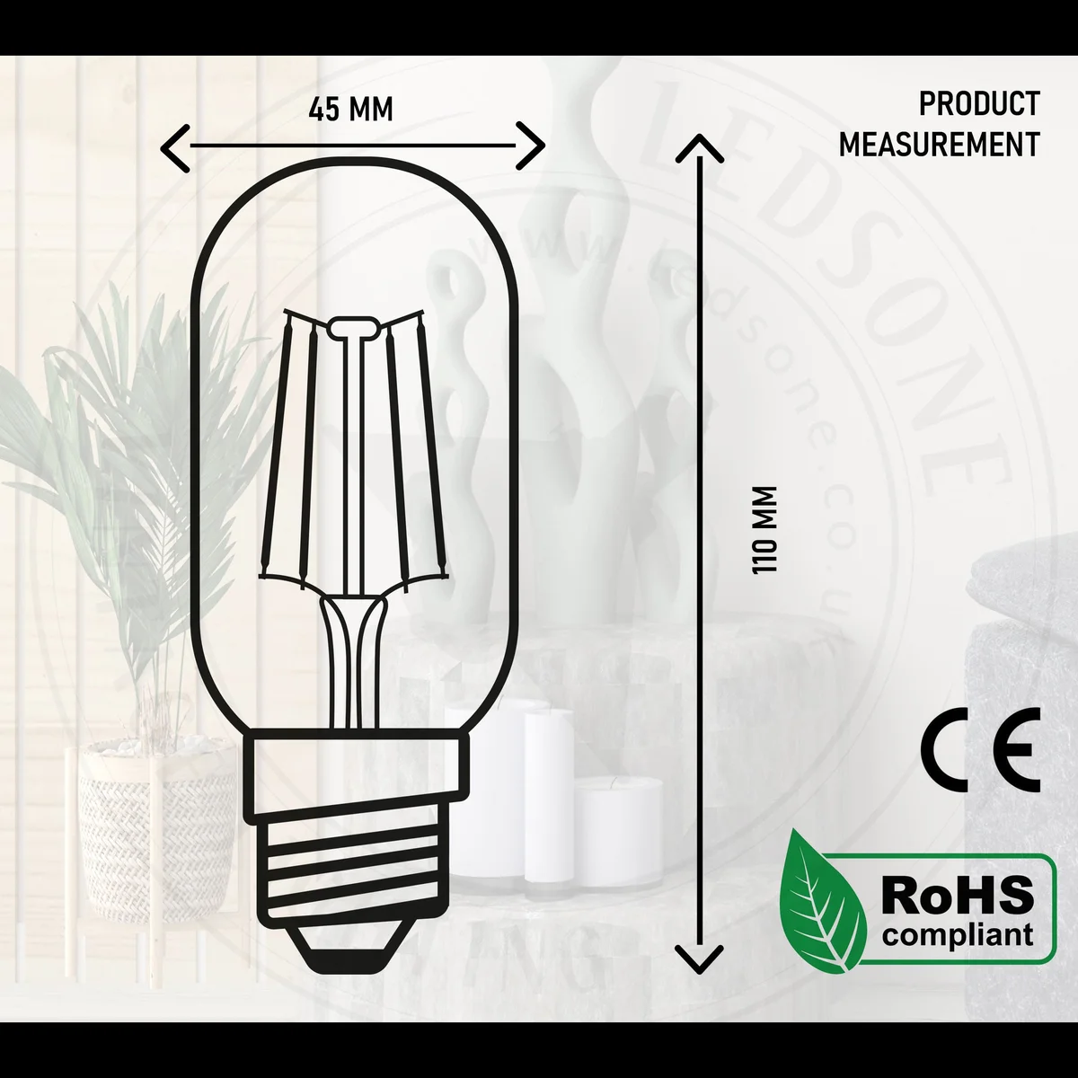 Vintage T45 amber glass LED bulb with visible filament, E27 base, warm 2700K glow, dimmable and energy-saving design