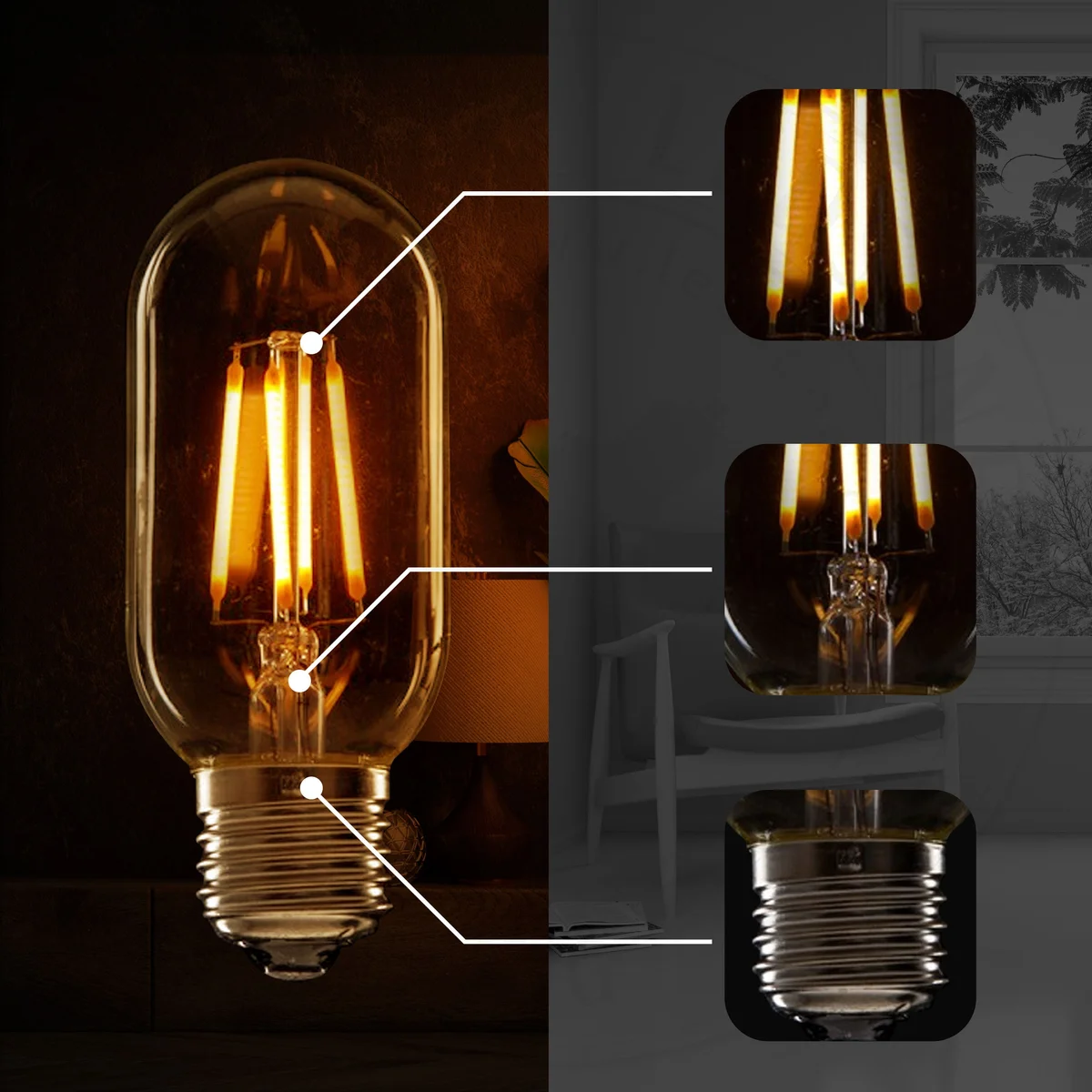 Amber glass dimmable LED filament bulb with E27 base glowing warmly against a dark background, vintage style lighting.
