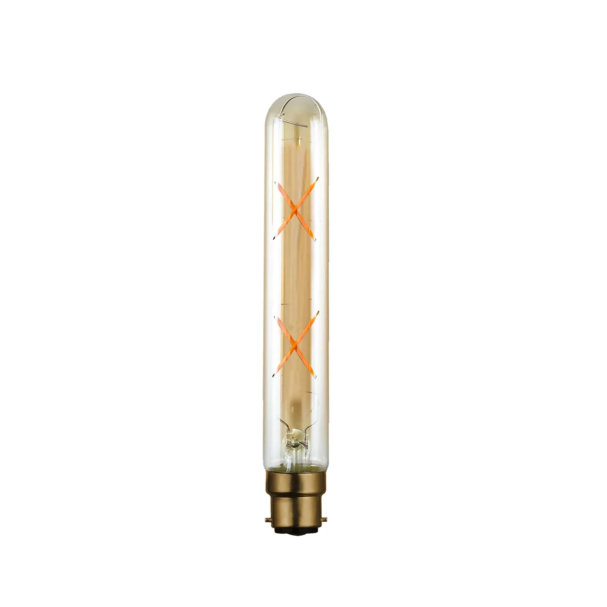 Vintage T185 B22 dimmable warm white LED bulb glowing softly with 360-degree light beam on a dark background