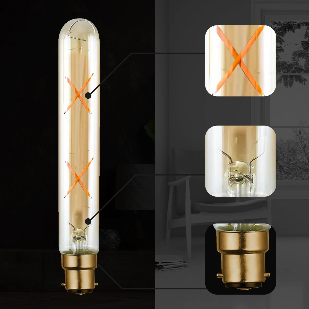 Vintage LED bayonet bulb T185 B22 4W with warm white light, glass body, and classic retro design on white background