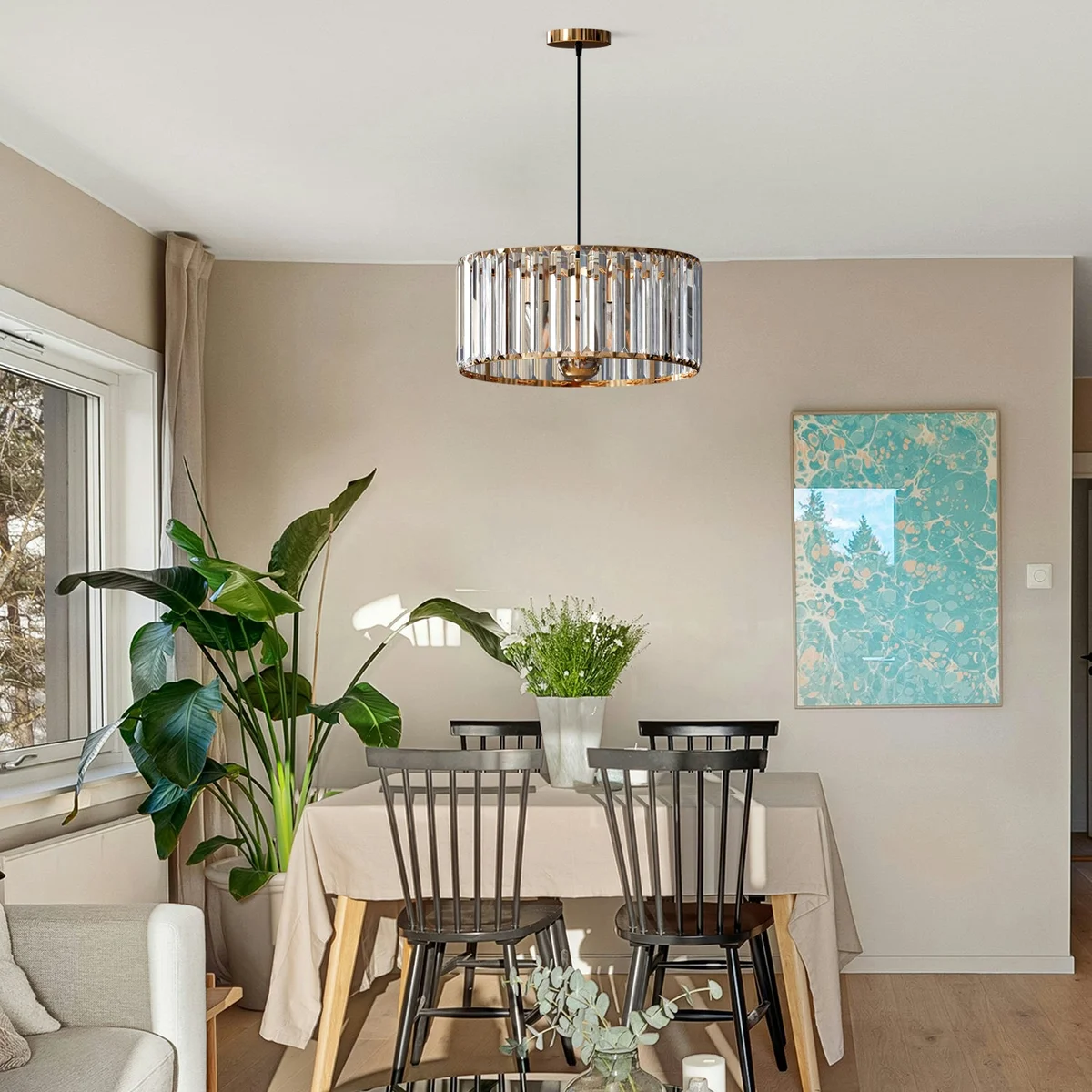 Modern crystal pendant light with drum-shaped glass shade, metal holder, E27 base – stylish, adjustable ceiling fixture.