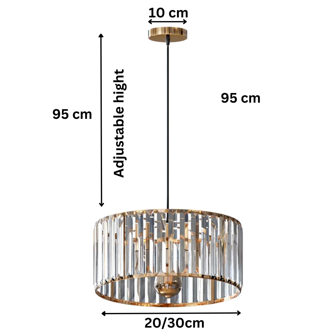 Modern pendant light with crystal glass drum shade and metal holder, E27 base
